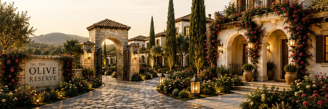 The stone entrance gate to The Olive Reserve framed by cypress trees and flowering climbers