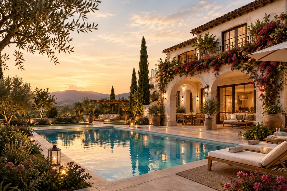 Golden-hour view across the pool towards arched villa facades draped in bougainvillea