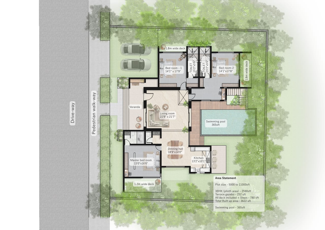 Floor plan of Villa Oliva, a 3 BHK Luxury Villa at The Olive Reserve, showing bedrooms, living and dining areas, kitchen, veranda, decks and swimming pool