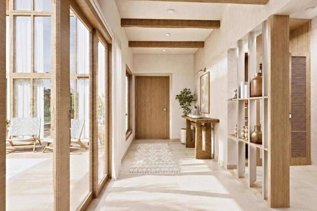 Hallway with a bespoke décor wall unit, exposed beams and curated ceramics