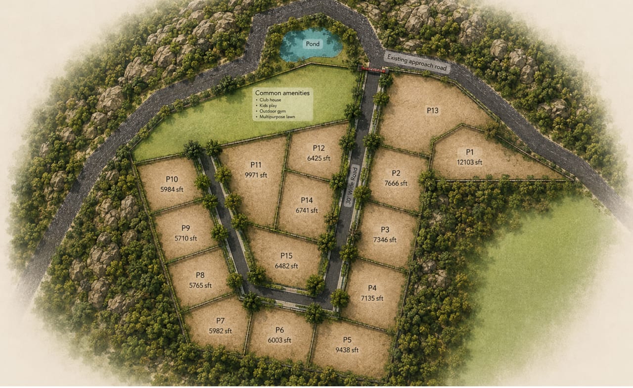 Master plan of The Olive Reserve showing 15 villa plots, the clubhouse, pond and 30 ft wide internal road