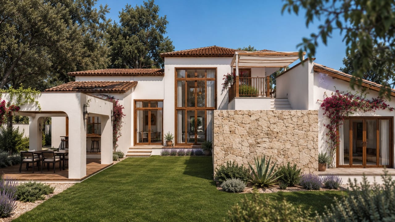 Villa Oliva seen across its private lawn, with stone-clad walls, timber-framed openings and a shaded outdoor dining pergola