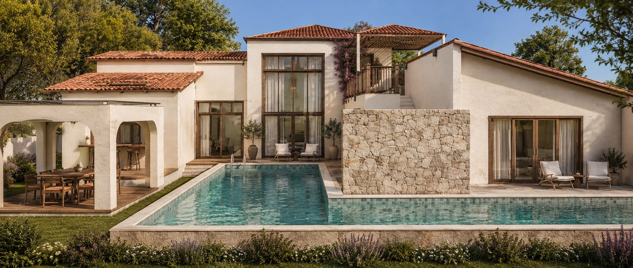 Villa Oliva across its private pool, with a shaded outdoor dining loggia, stone-clad garden wall and double-height living room beyond